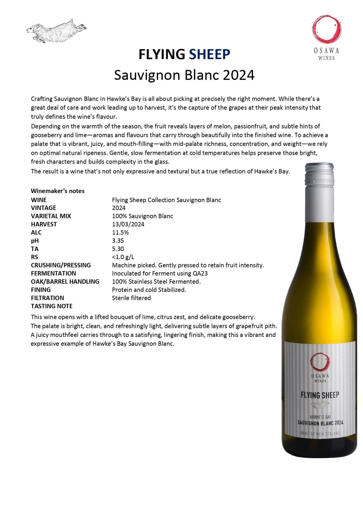 Osawa Flying Sheep Collection Sauv Blanc '24 750ml image 1