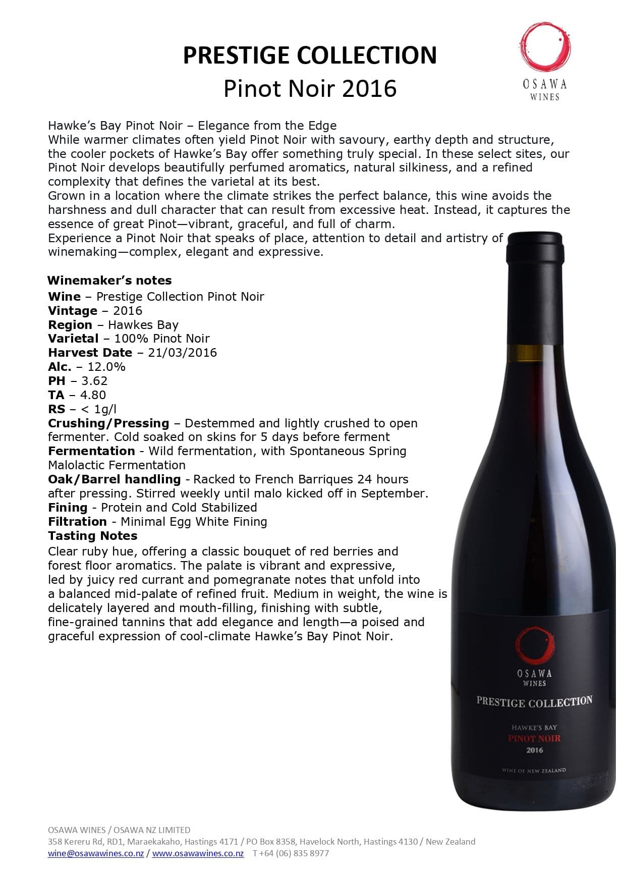 Osawa 'Prestige Collection' Pinot Noir 2016 750ml image 1