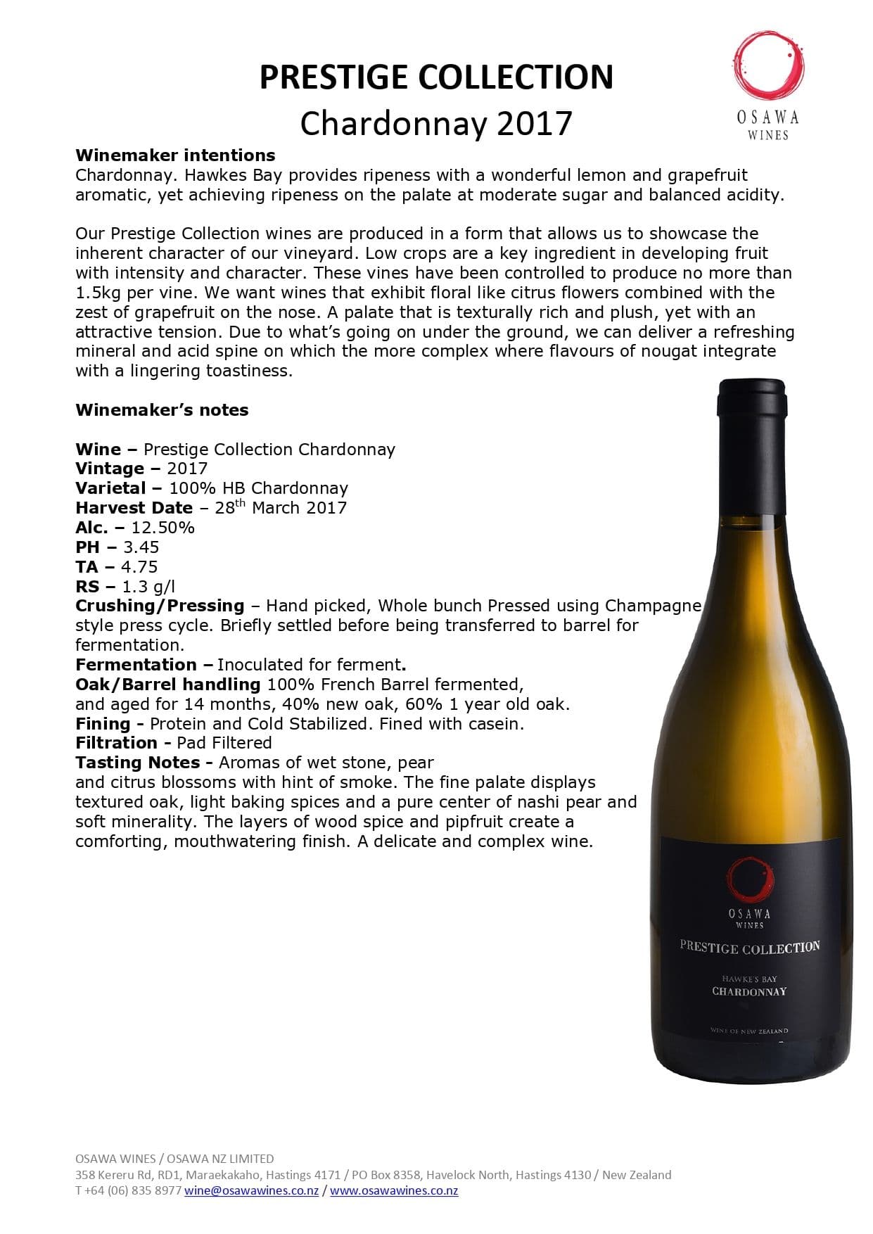 Osawa 'Prestige Collection' Chardonnay 2017 750ml image 1