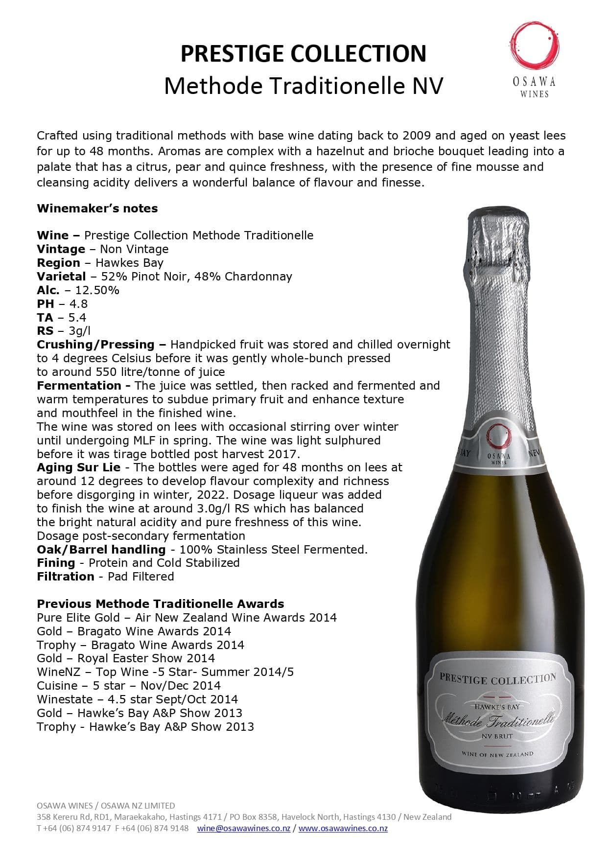 Osawa 'P.C' Methode Traditionelle Brut NV 750ml image 1